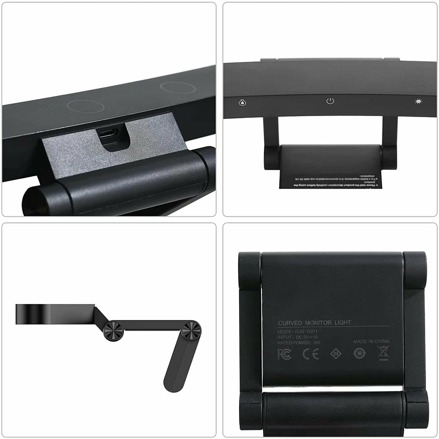 Close up photos of the USB C port on the back of the lamp, the three capacitive touch buttons on the top for control, the two adjustable pivot points on the lamp and base as well as the bottom base showing rated input and power.