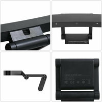 Close up photos of the USB C port on the back of the lamp, the three capacitive touch buttons on the top for control, the two adjustable pivot points on the lamp and base as well as the bottom base showing rated input and power.