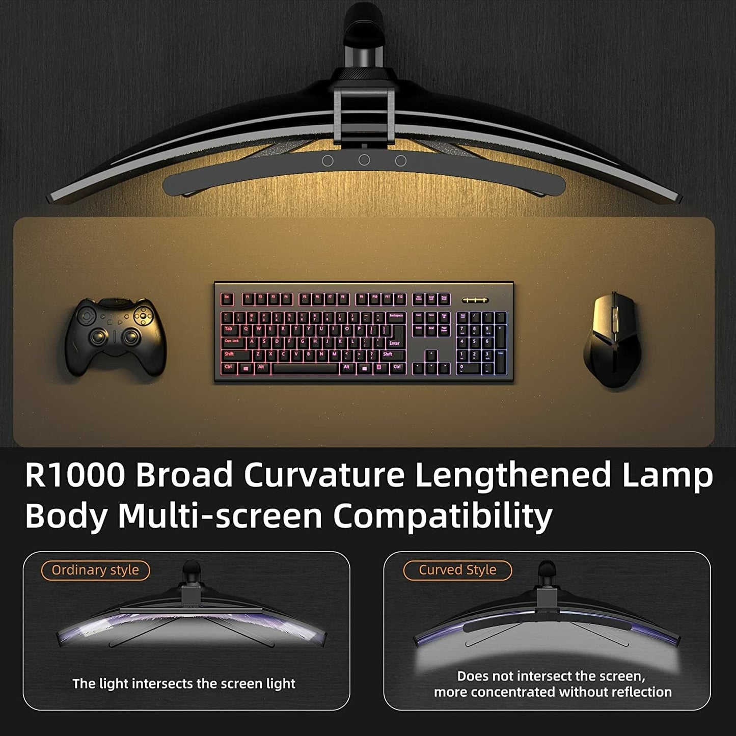 Comparison photo that shows the benefit of our LYMAX Curved Light Bar compared to a traditional straight light bar when used with a curved monitor. Perfect matching curve on our lamp is the best fit for curved or flat monitors, screens and displays.