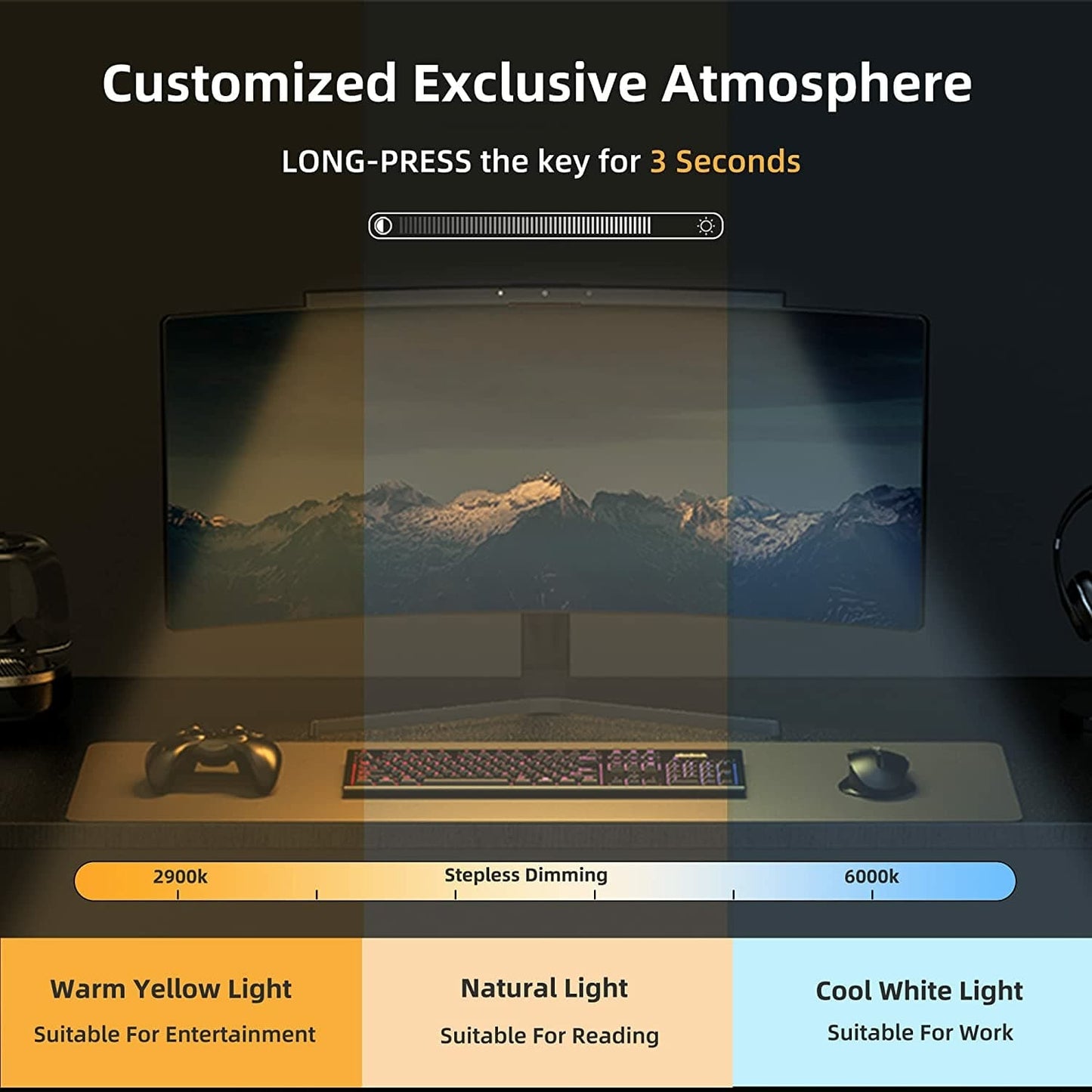 Detailed breakdown of the range of warmth and hue our LEDs can omit from the lamp. Ranging from a warm 2900k to a white 6000k, our light bar can handle any task. Suitable for watching video, reading, working and gaming.